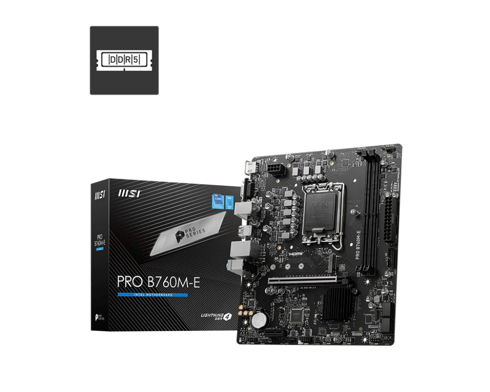 MSI PRO B760M-E DDR5 Micro-ATX Motherboard – LGA1700, Intel B760, DDR5-5333+ OC, PCIe 4.0 x16, HDMI, VGA, USB-C, 6+2+1 Phase Power Design