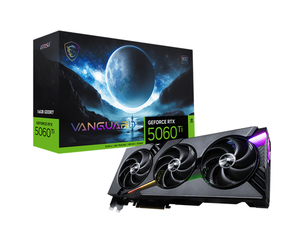 MSI GeForce RTX 5060 Ti 16G VANGUARD SOC – 16GB GDDR7, PCIe 5.0 x8, 4608 Cores, 2692 MHz Boost, 28 Gbps, DLSS 4, HDMI 2.1b, DP 2.1b