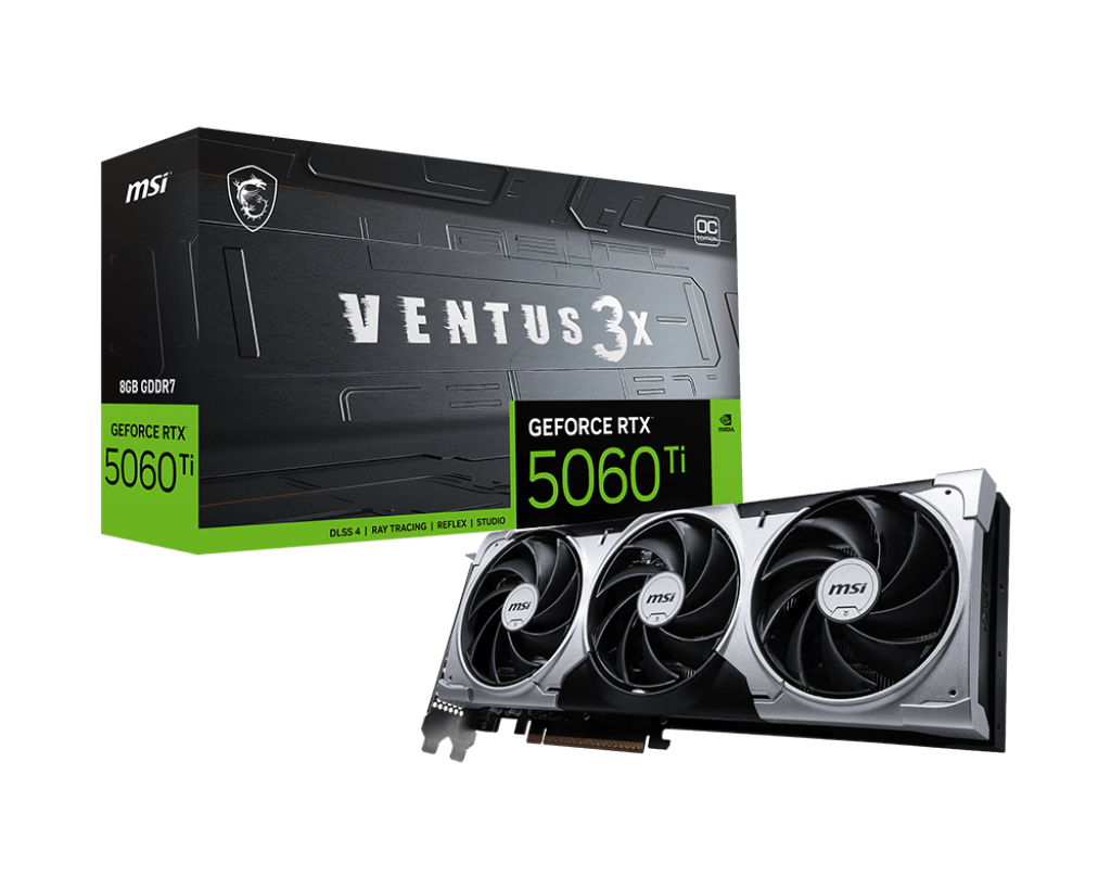 MSI GeForce RTX 5060 Ti VENTUS 3X 8G OC – 8GB GDDR7, PCIe 5.0 x16, 4608 Cores, 2572 MHz Boost, 28 Gbps, HDMI 2.1b, DP 2.1b, Triple Fan Cooling