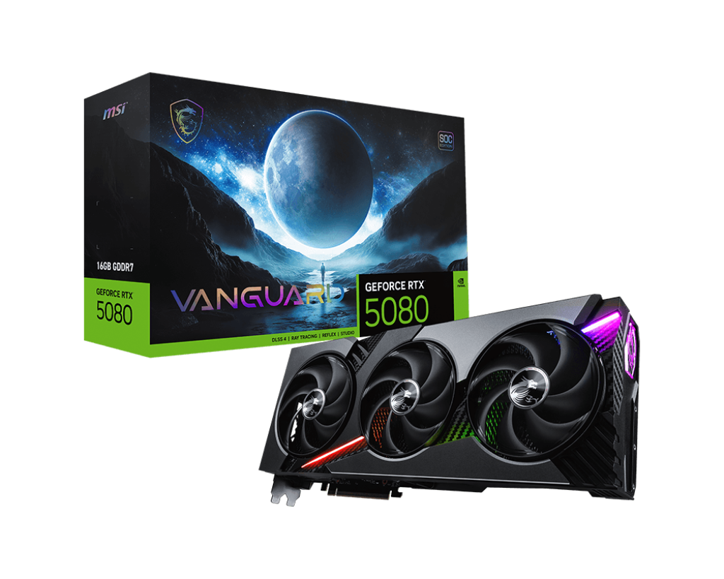 MSI GeForce RTX 5080 16 GB VANGUARD SOC – NVIDIA Blackwell, 10,752 CUDA Cores, 2.745 GHz Boost, 30 Gbps GDDR7, PCIe 5.0, Triple-Fan Hyper Frozr Cooling