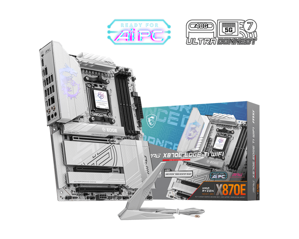 لوحة أم MSI MPG X870E EDGE TI WIFI ATX - AM5، AMD X870E، DDR5‑8400+ OC، PCIe 5.0 x16، 4 منافذ M.2 Gen5، Wi‑Fi 7، شبكة LAN 5G، USB4 بسرعة 40 جيجابت في الثانية، Realtek ALC4080