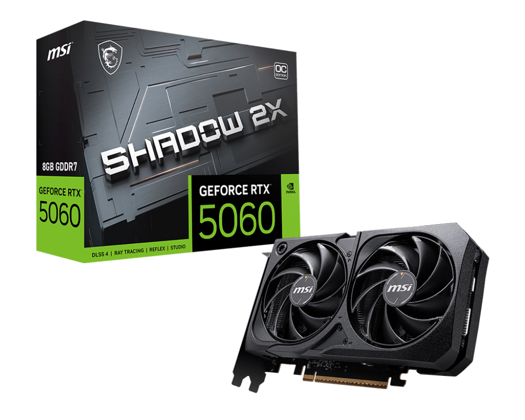 بطاقة رسومات MSI GeForce RTX 5060 SHADOW 2X OC - ذاكرة GDDR7 سعة 8 جيجابايت، وتردد 2535 ميجاهرتز، وفتحة PCIe 5.0، ومروحة TORX 5.0 مزدوجة، وتتبع الأشعة، وDLSS 4