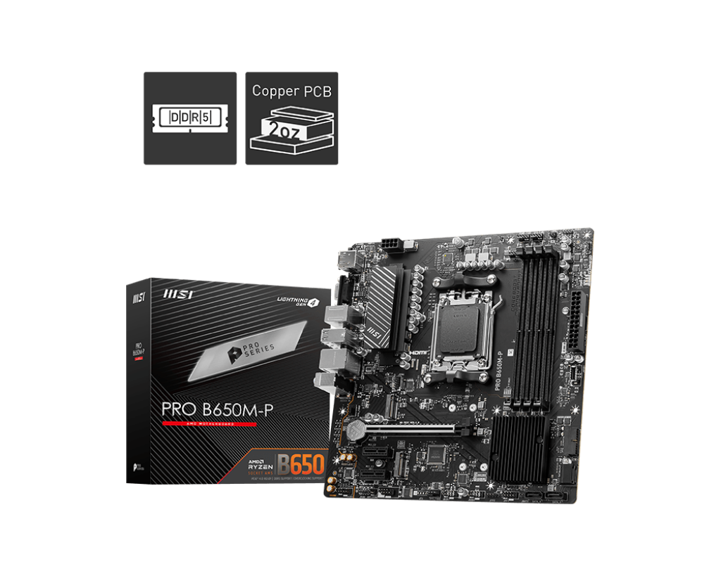 MSI PRO B650M‑P mATX Motherboard – AMD B650, AM5, DDR5‑7200 OC, PCIe 4.0, Dual M.2 Gen4, HDMI/DP/VGA, USB‑C, 2.5 Gb LAN, ALC897 Audio