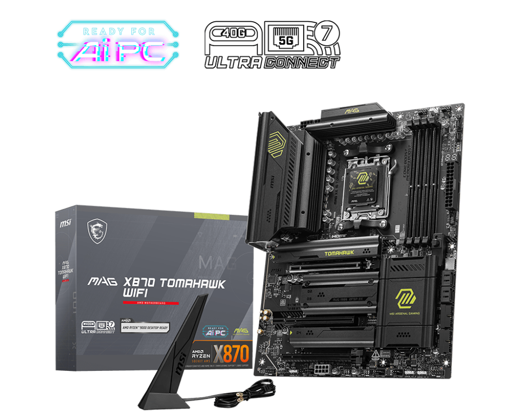 لوحة أم MSI MAG X870 Tomahawk للألعاب اللاسلكية (معالجات AMD Ryzen 9000/8000/7000 - AM5 - DDR5 - PCIe 5.0 - M.2 Gen5 - SATA 6Gb/s - USB 40Gbps - HDMI/DP - Wi-Fi 7 - Bluetooth 5.4 - 5Gbps LAN - ATX)