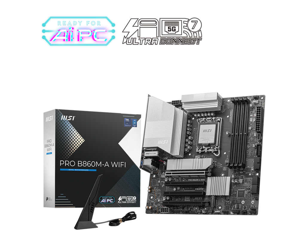 MSI PRO B860M‑A WIFI mATX Motherboard – Intel B860, LGA 1851, DDR5‑8600 OC, PCIe 5.0, M.2 Gen5, Wi‑Fi 7, 5 Gb LAN, Thunderbolt 4