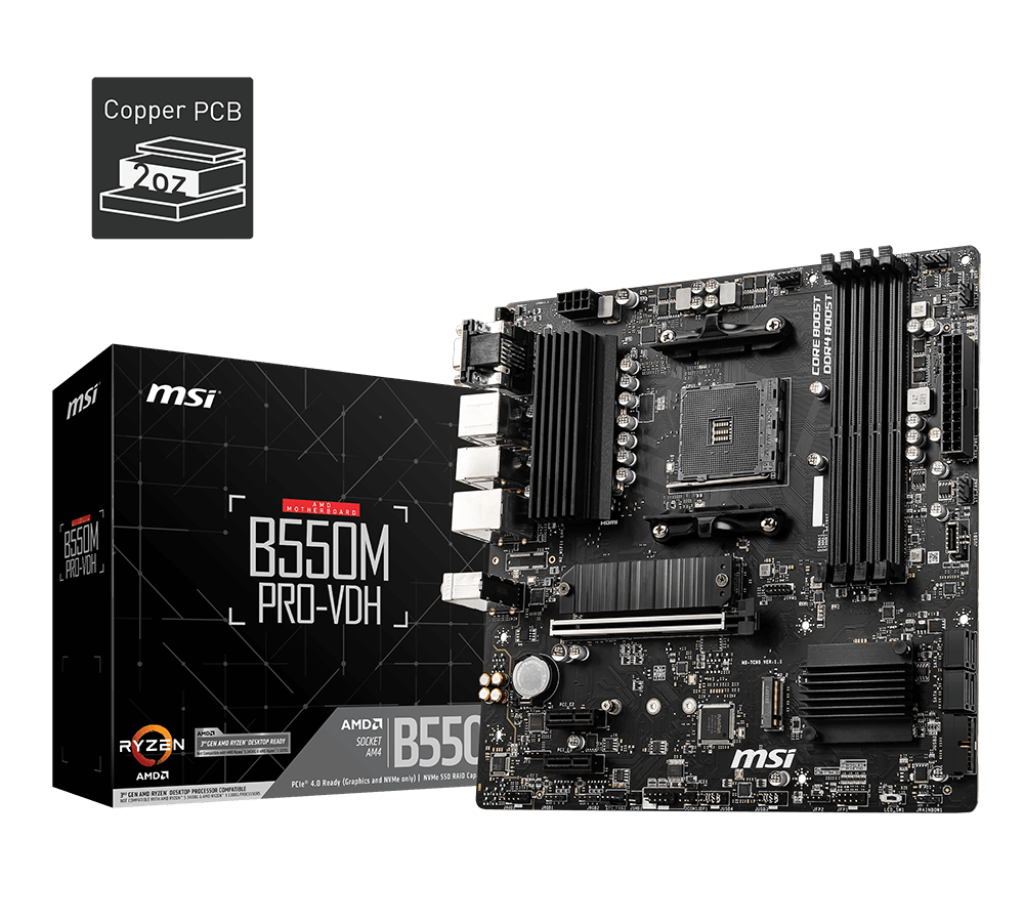 لوحة أم MSI B550M PRO-VDH Micro-ATX - AM4، DDR4‑4400+ OC، PCIe 4.0 x16، 2× M.2 (64 جيجابت في الثانية)، 1 GbE LAN، USB 3.2 الجيل الأول، HDMI، DisplayPort