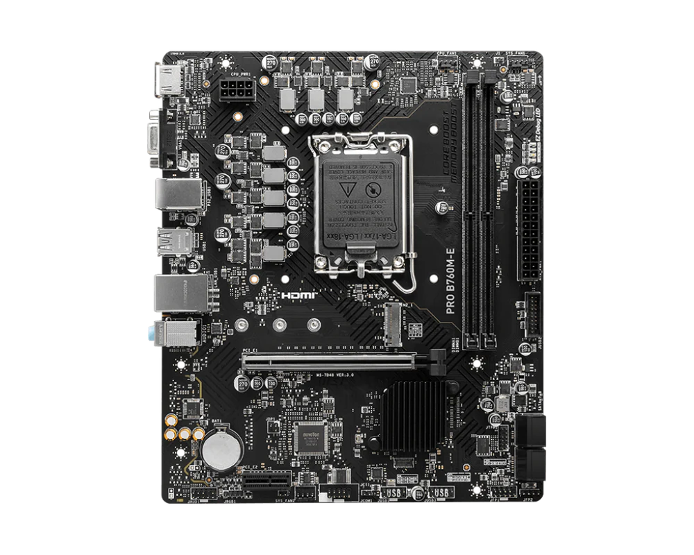 MSI PRO B760M-E DDR5 Micro-ATX Motherboard – LGA1700, Intel B760, DDR5-5333+ OC, PCIe 4.0 x16, HDMI, VGA, USB-C, 6+2+1 Phase Power Design