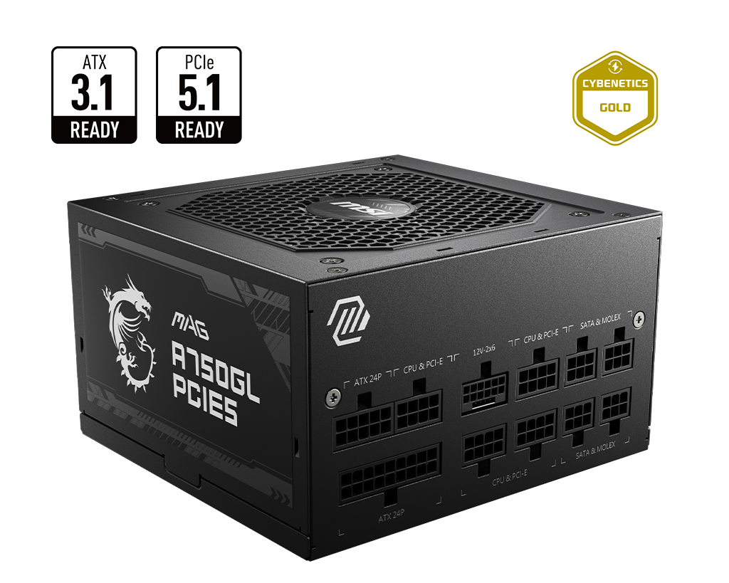 MSI MAG A750GL PCIE5 – ATX 3.1 / PCIe-5 750 W Full-Modular 80 PLUS Gold PSU, 450 W 16-Pin GPU Cable