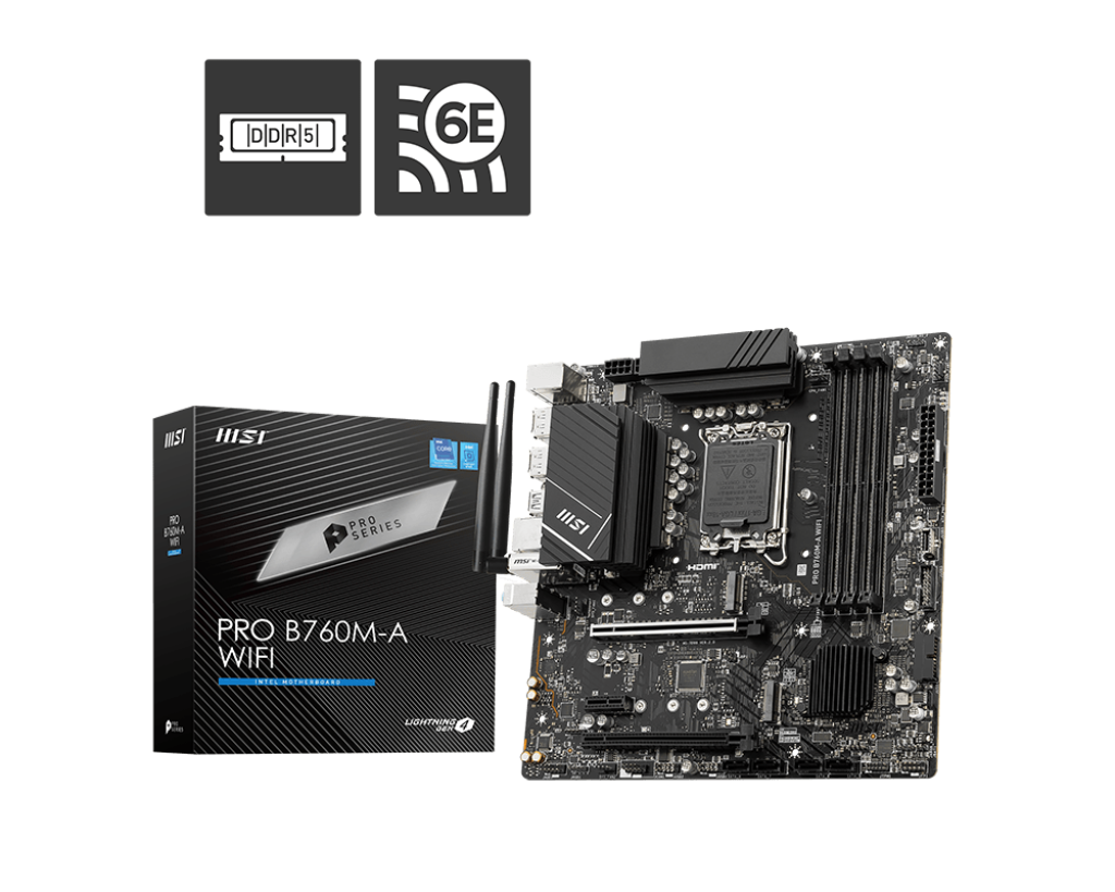 MSI PRO B760M‑A WiFi DDR4 mATX Motherboard – LGA 1700, DDR4 5333 MHz OC, PCIe 4.0, Wi‑Fi 6E, 2.5 Gb LAN