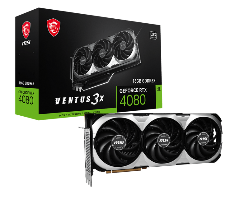 MSI GeForce RTX 4080 16GB Ventus 3X OC Graphics Card, 16GB GDDR6X 256-Bit Memory, 9728 Cuda Cores, 2520MHz Boost Clock, 22.4 Gbps Memory Speed, PCIe Gen 4, Open GL, HDMI, DP