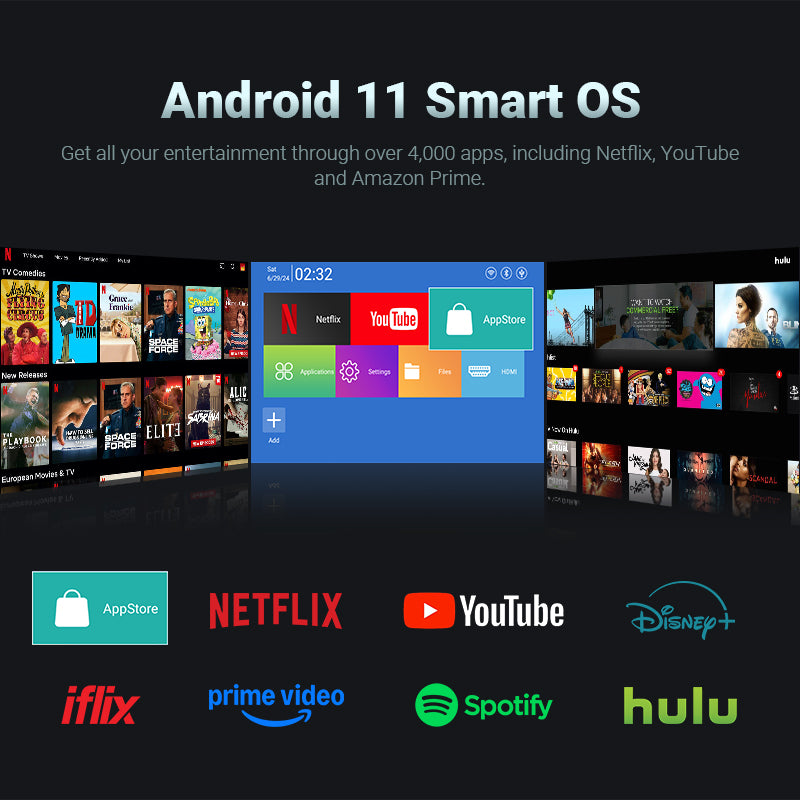 جهاز عرض Avetron Mini LED - دقة أصلية 1080 بكسل، 550 لومن ANSI، تركيز تلقائي، نظام Android 11، شاشة بحد أقصى 120 بوصة، مكبرات صوت مزدوجة 5 وات، دعم 4K