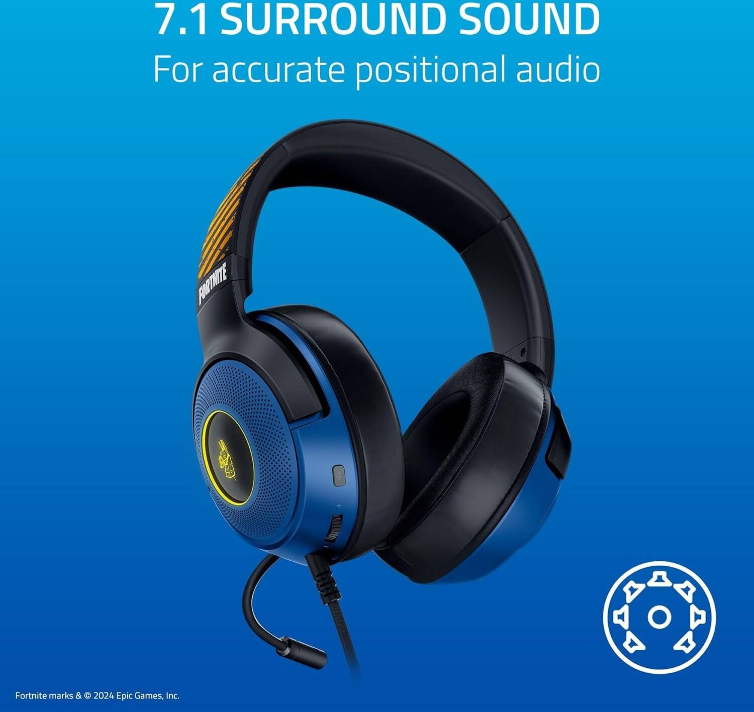 Razer Kraken V3 X Wired USB Gaming Headset - Fortnite Edition, 40mm TriForce Drivers, Chroma RGB Lighting, HyperClear Cardioid Mic, 7.1 Surround Sound, 285g Lightweight, Blue
