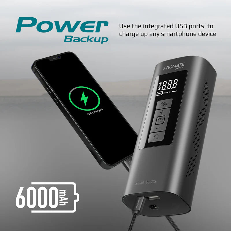 Promate Aerify 150 PSI Portable Air Compressor & Power Bank – 6,000 mAh Battery, 25 L/min Airflow, LED Light