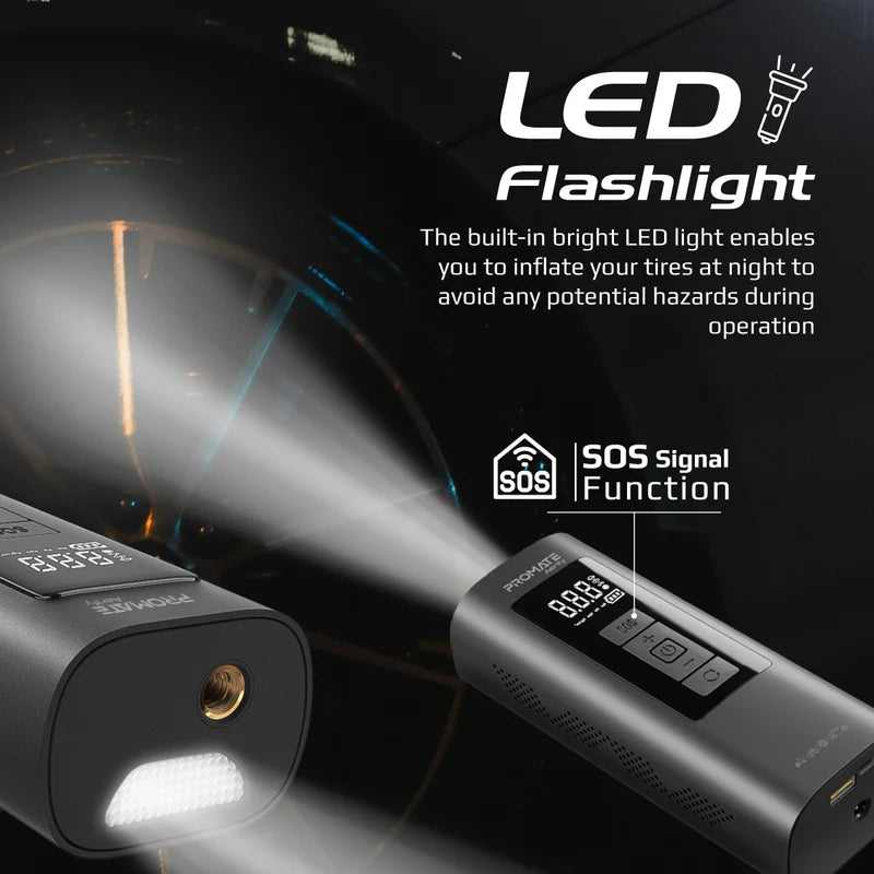 Promate Aerify 150 PSI Portable Air Compressor & Power Bank – 6,000 mAh Battery, 25 L/min Airflow, LED Light