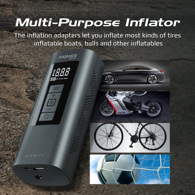 Promate Aerify 150 PSI Portable Air Compressor & Power Bank – 6,000 mAh Battery, 25 L/min Airflow, LED Light