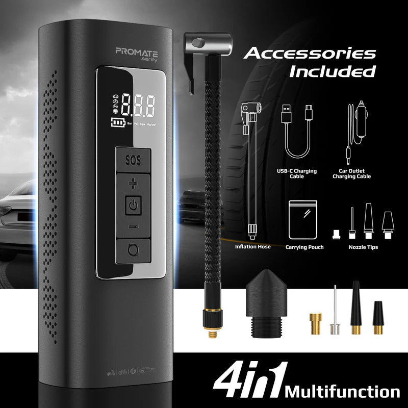 Promate Aerify 150 PSI Portable Air Compressor & Power Bank – 6,000 mAh Battery, 25 L/min Airflow, LED Light