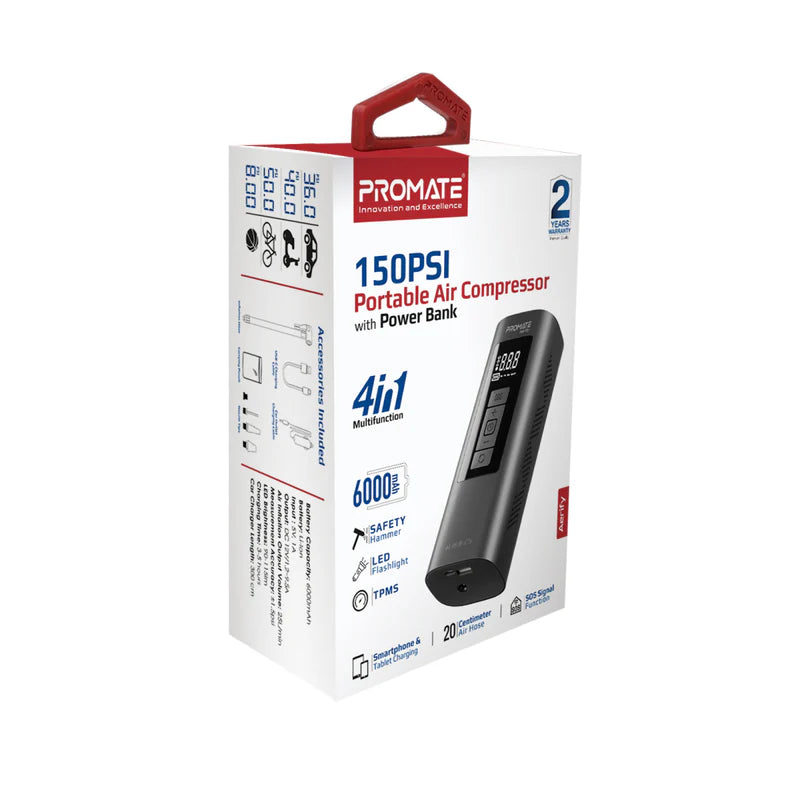 Promate Aerify 150 PSI Portable Air Compressor & Power Bank – 6,000 mAh Battery, 25 L/min Airflow, LED Light