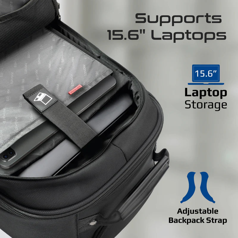 Promate Compact-TR 2-in-1 Trolley Backpack – Water-Resistant, Wheels + Telescopic Handle, Padded 15.6″ Laptop Compartment