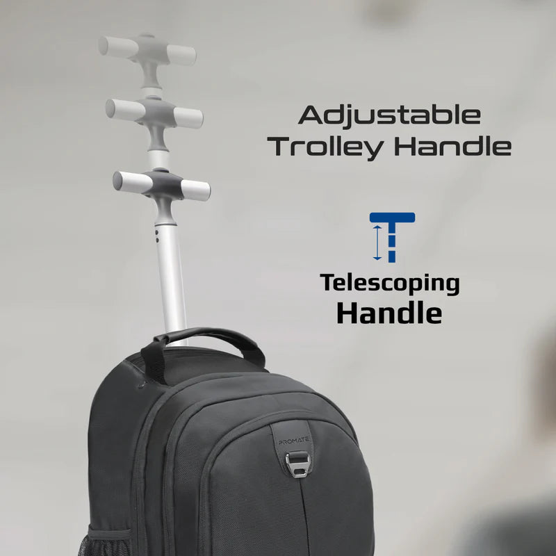 Promate Compact-TR 2-in-1 Trolley Backpack – Water-Resistant, Wheels + Telescopic Handle, Padded 15.6″ Laptop Compartment