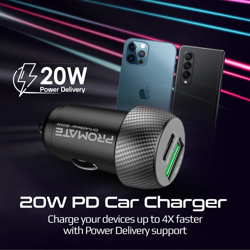 شاحن سيارة بروميت 20 واط PD USB-C + QC 3.0 USB-A DriverGear-20