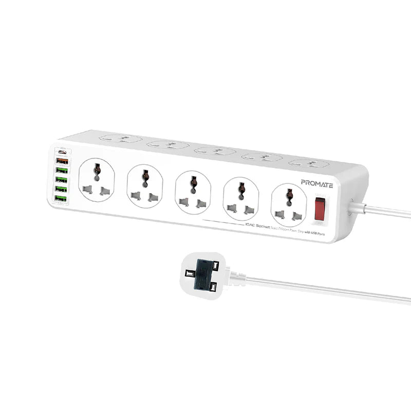 Promate 10AC Socket Space Efficient Power Strip with USB Ports