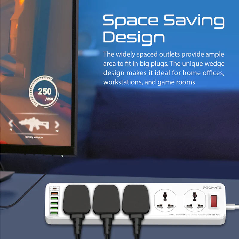 Promate 10AC Socket Space Efficient Power Strip with USB Ports