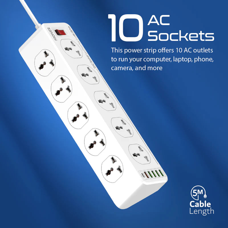 Promate 10AC Socket Space Efficient Power Strip with USB Ports