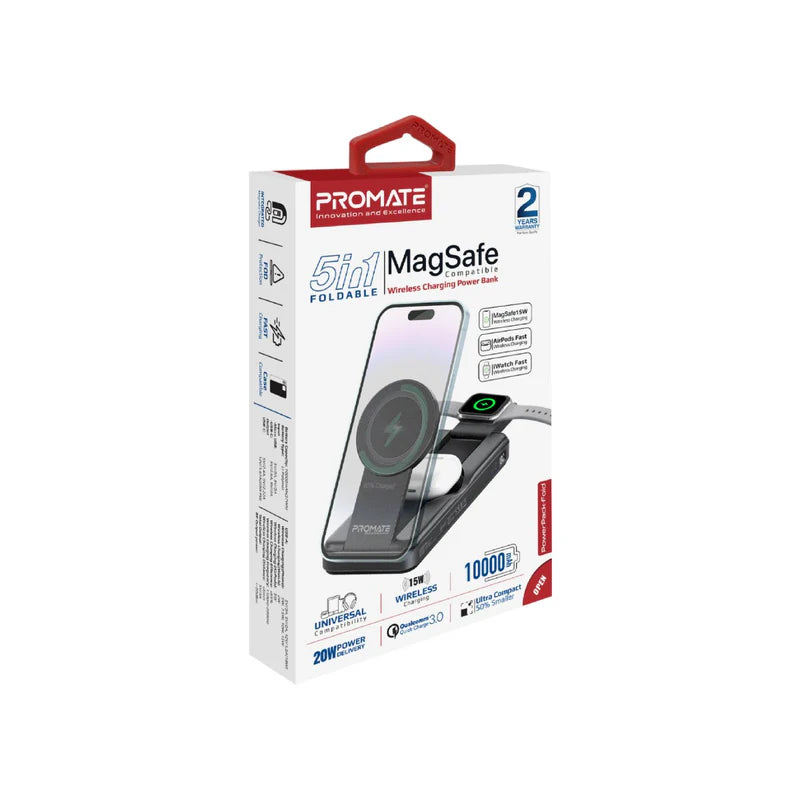 باور بانك بروميت 5 في 1 قابل للطي ومتوافق مع MagSafe وشحن لاسلكي بقدرة 10000 مللي أمبير في الساعة