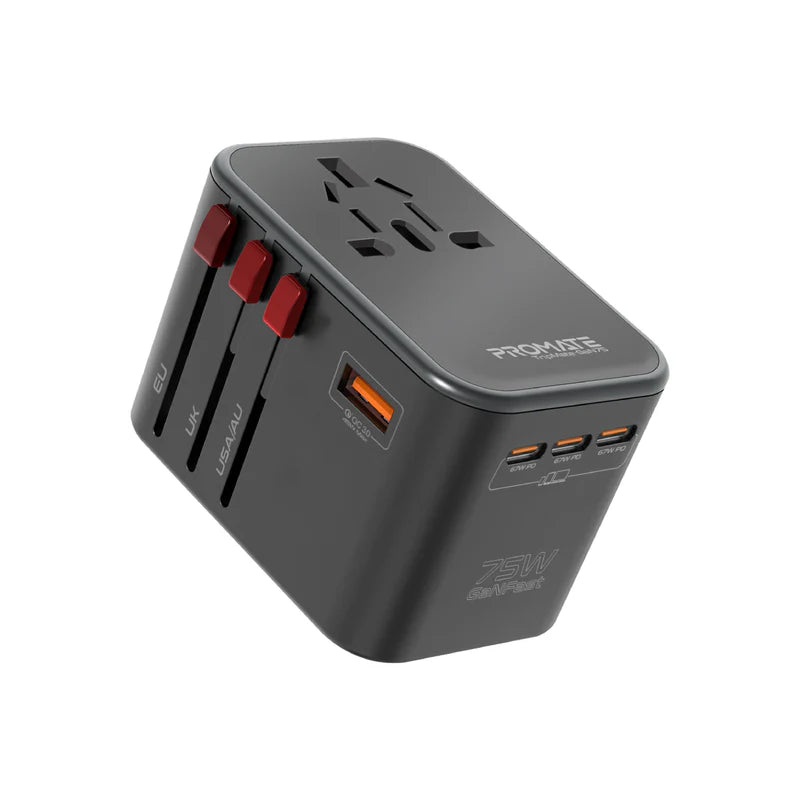 Promate Universal Travel Adapter (TripMate-GaN75) 75W Power Delivery GaNFast™ Multi-Port Travel Adapter