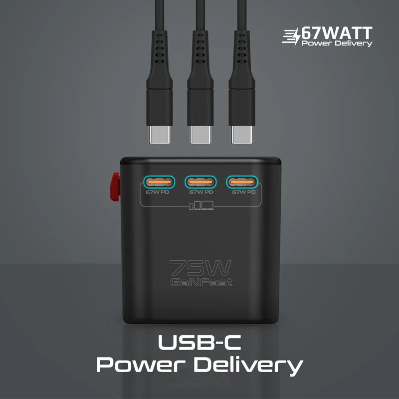 Promate Universal Travel Adapter (TripMate-GaN75) 75W Power Delivery GaNFast™ Multi-Port Travel Adapter