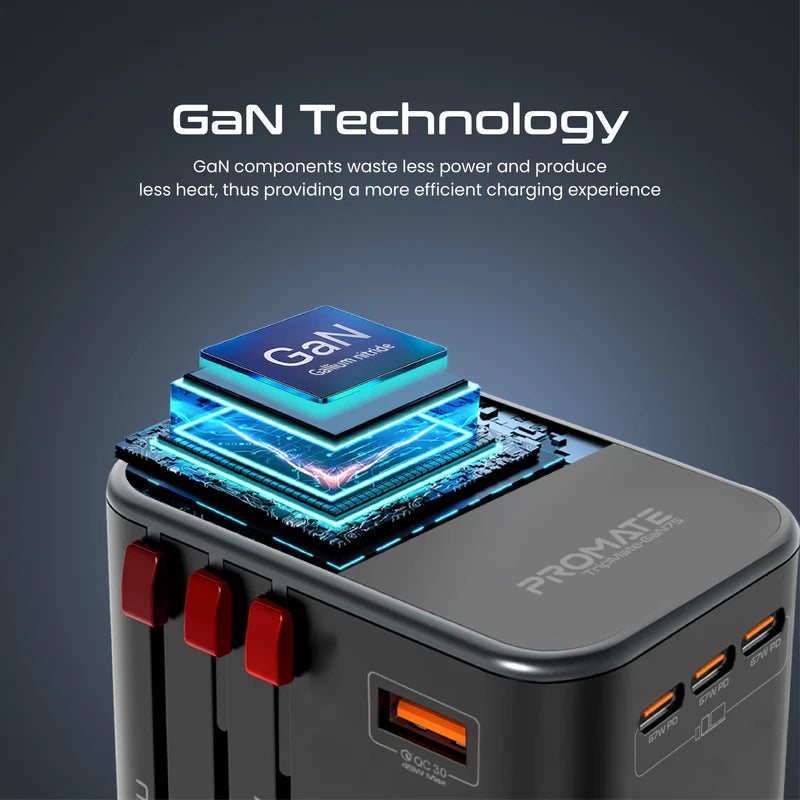 Promate Universal Travel Adapter (TripMate-GaN75) 75W Power Delivery GaNFast™ Multi-Port Travel Adapter