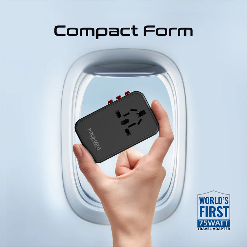 Promate Universal Travel Adapter (TripMate-GaN75) 75W Power Delivery GaNFast™ Multi-Port Travel Adapter