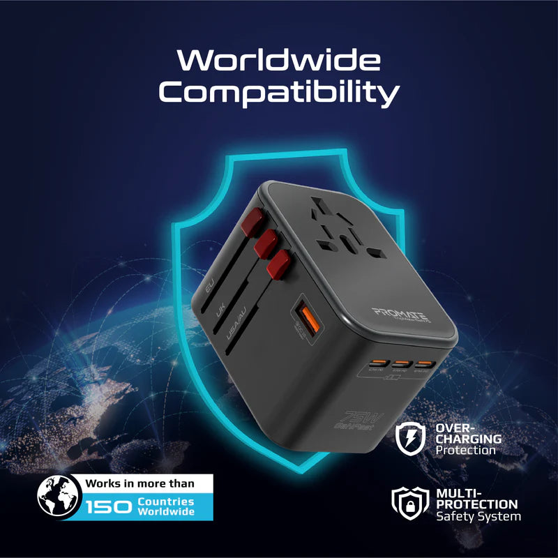 Promate Universal Travel Adapter (TripMate-GaN75) 75W Power Delivery GaNFast™ Multi-Port Travel Adapter