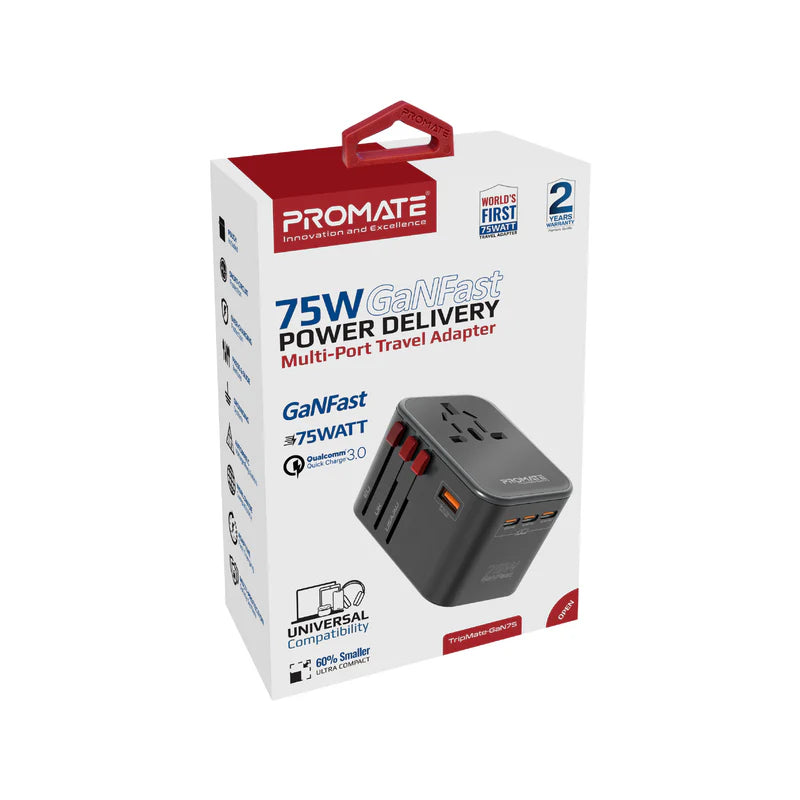 Promate Universal Travel Adapter (TripMate-GaN75) 75W Power Delivery GaNFast™ Multi-Port Travel Adapter