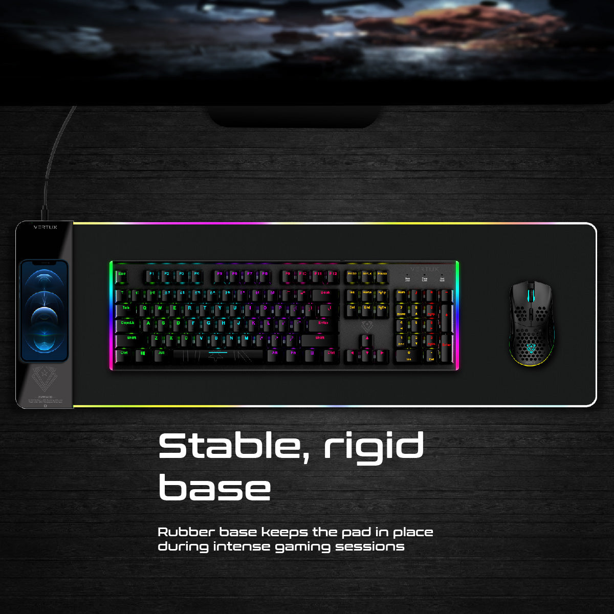 لوحة ماوس ألعاب VERTUX RaftPad-Qi LED مضادة للاحتكاك مع شاحن لاسلكي 15 وات