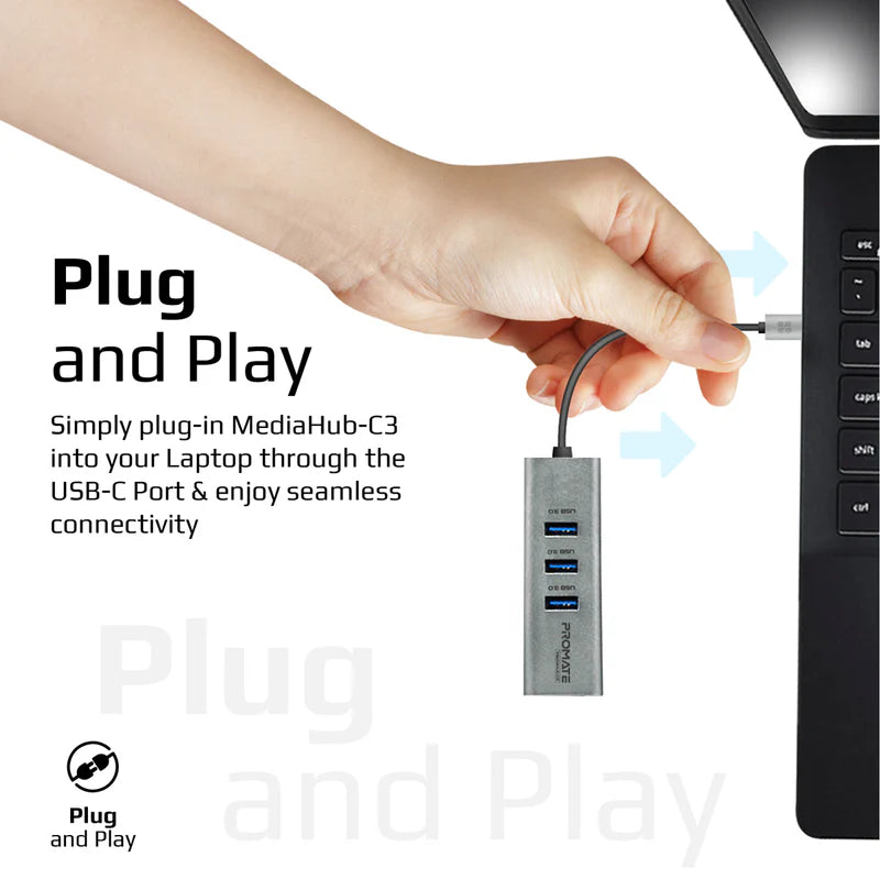 محول HDMI MediaHub-C3 USB-C Hub من بروميت مع 3 منافذ USB 3.0 وشحن مزامنة 5 جيجابت في الثانية ومنفذ HDMI 4K 30 هرتز