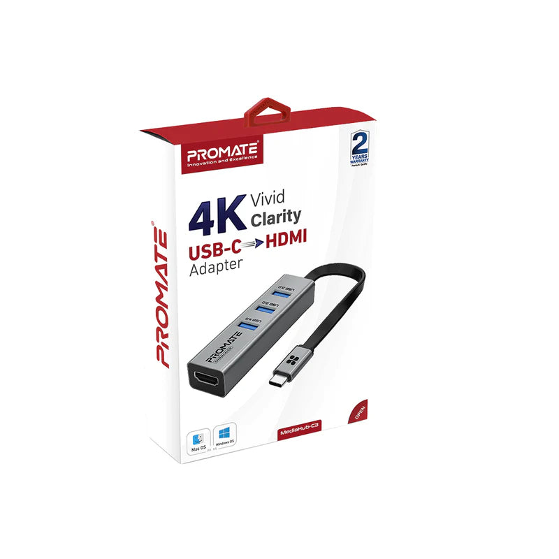 محول HDMI MediaHub-C3 USB-C Hub من بروميت مع 3 منافذ USB 3.0 وشحن مزامنة 5 جيجابت في الثانية ومنفذ HDMI 4K 30 هرتز