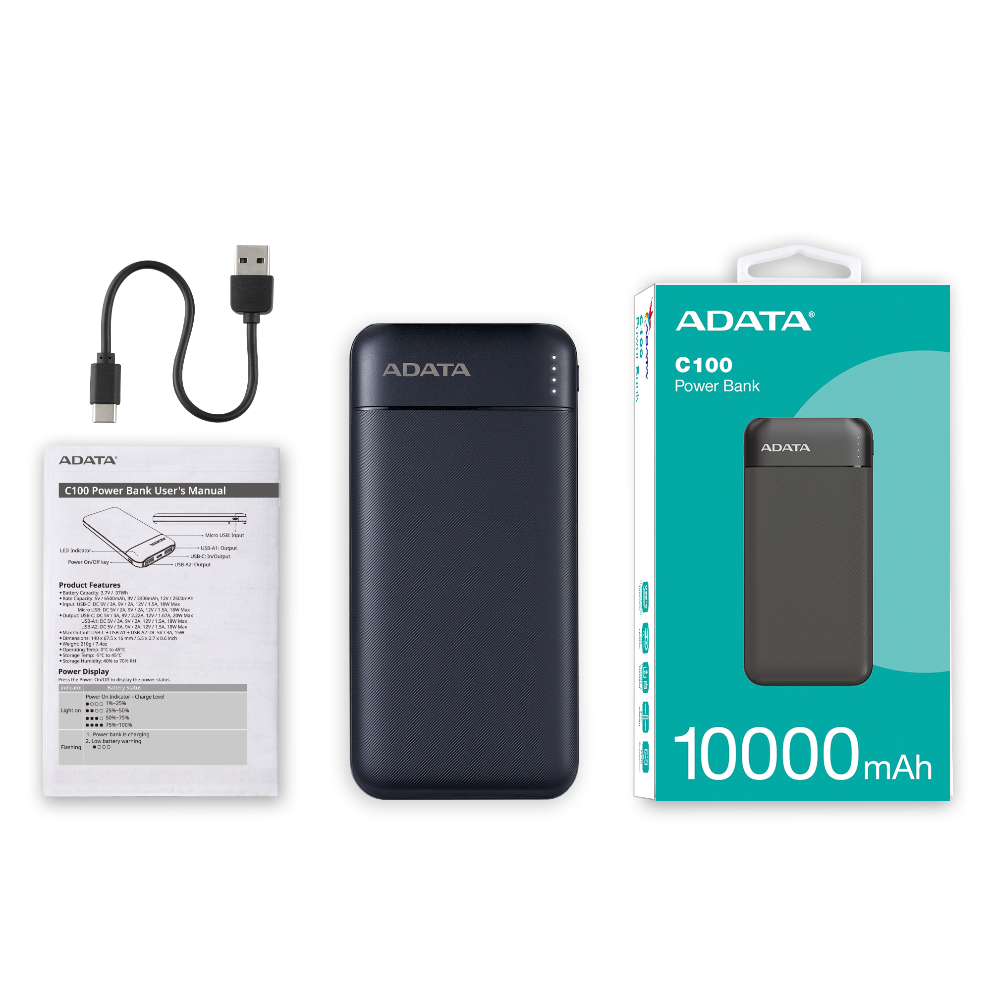 ADATA Powerbank C100 - 10000 مللي أمبير 20 وات اشحن حياتك بأسلوب نحيف