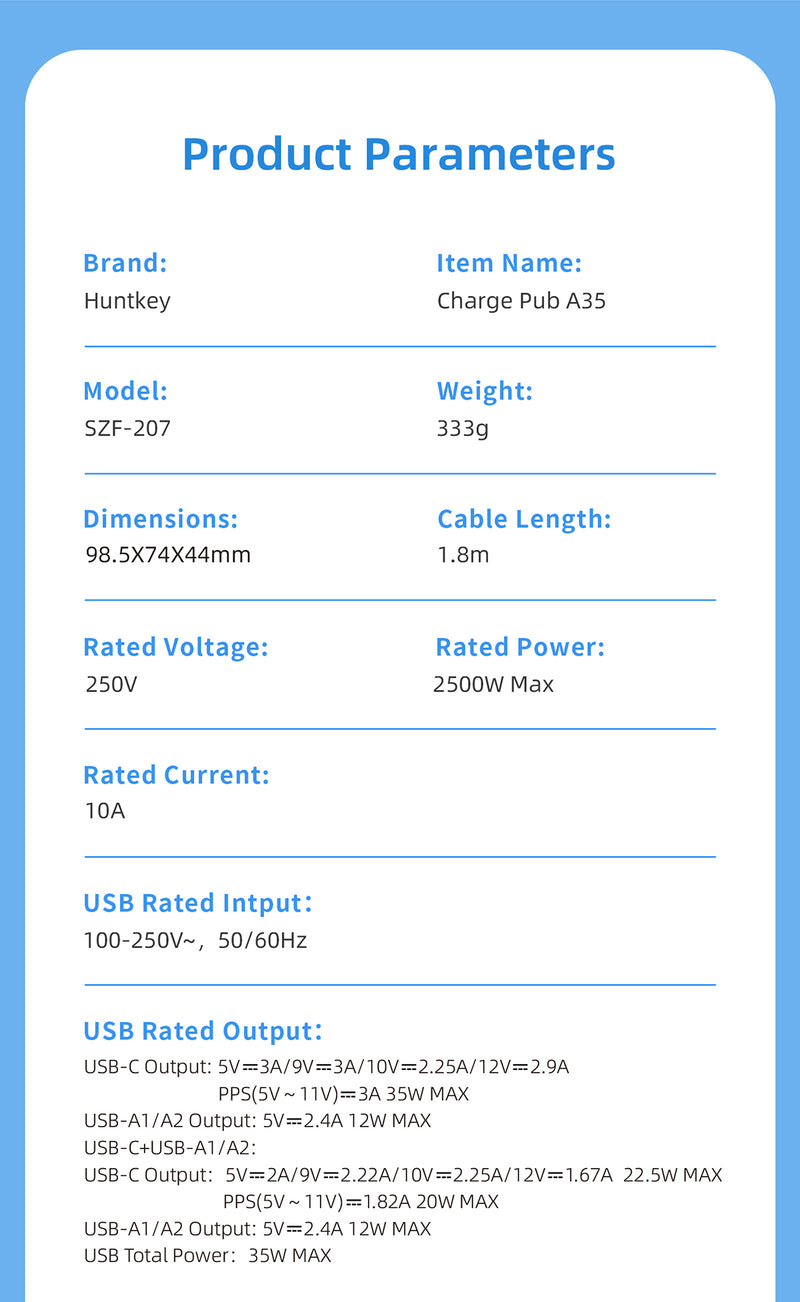 Huntkey 35W (AC 2500W) Universal Charge Pub A35 مصنوع لسطح المكتب 1 مقبس تمديد (أبيض، 1.8 متر، مع منفذ USB)