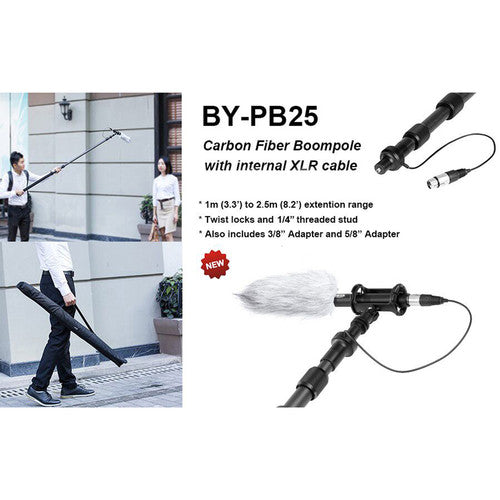BOYA BY‑PB25 8.2′ بومبول من ألياف الكربون - 3 أقسام، كابل XLR داخلي، حمولة 3 كجم، يتضمن محولات ¼‑20 وXLR، خفيف الوزن