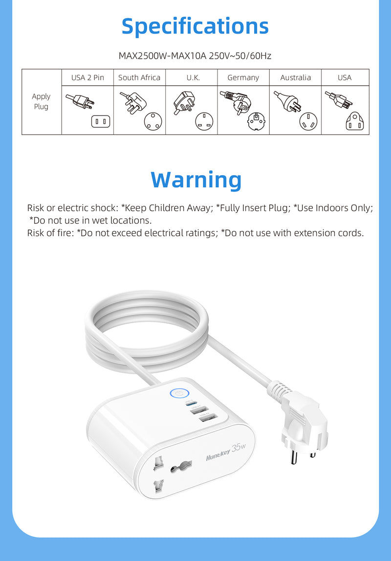 Huntkey 35W (AC 2500W) Universal Charge Pub A35 مصنوع لسطح المكتب 1 مقبس تمديد (أبيض، 1.8 متر، مع منفذ USB)