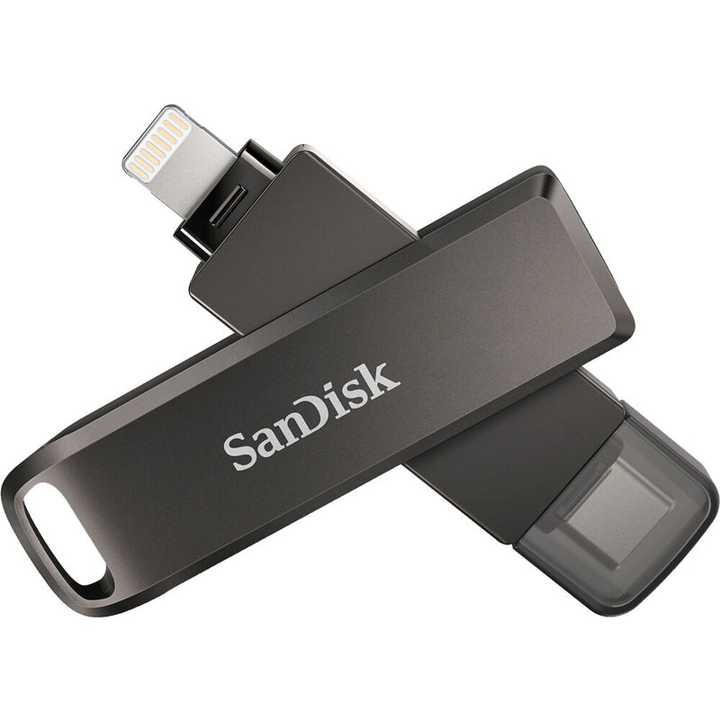 محرك أقراص فلاش SanDisk iXpand Luxe سعة 64 جيجابايت - موصلات USB Type-C وLightning مزدوجة، USB 3.1 الجيل الأول، تصميم دوار معدني بالكامل، نسخ احتياطي تلقائي لجهاز iPhone
