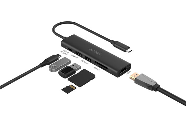 A4TECH DST-60C 6-in-1 USB-C Docking Station – 100W Power Delivery, 4K@60Hz HDMI, 2× USB 3.0, SD & TF Card Slots, 5120Mbps Data Transfer, Aluminum Alloy Design
