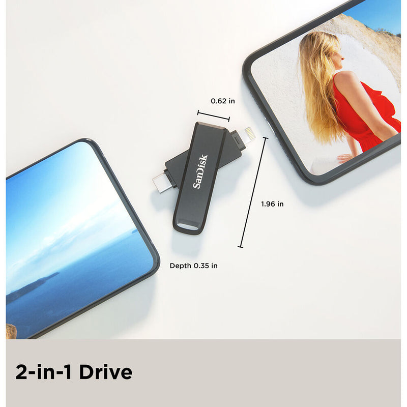 محرك أقراص فلاش SanDisk iXpand Luxe سعة 64 جيجابايت - موصلات USB Type-C وLightning مزدوجة، USB 3.1 الجيل الأول، تصميم دوار معدني بالكامل، نسخ احتياطي تلقائي لجهاز iPhone