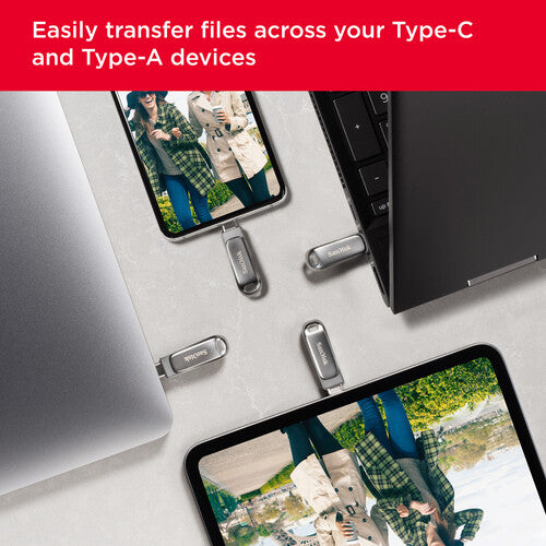 محرك أقراص فلاش SanDisk Ultra Dual Drive Luxe سعة 256 جيجابايت بمنفذ USB 3.1 Type-C - موصلات USB-C وUSB-A مزدوجة، تصميم دوار معدني بالكامل، سرعة قراءة تصل إلى 400 ميجابايت/ثانية