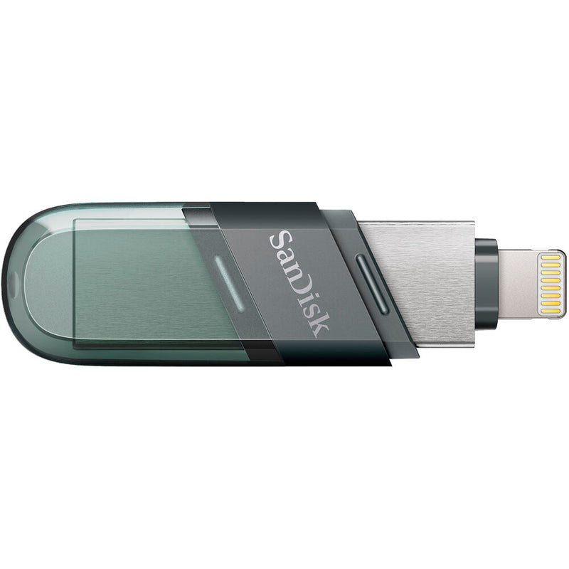 محرك أقراص فلاش SanDisk iXpand Flip سعة 64 جيجابايت - منفذ Lightning مزدوج ومنفذ USB 3.1 من النوع A، نسخ احتياطي تلقائي لجهاز iPhone، حماية بكلمة مرور، لون أخضر بحري