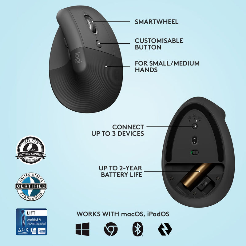 Logitech Lift Vertical Ergonomic Wireless Mouse