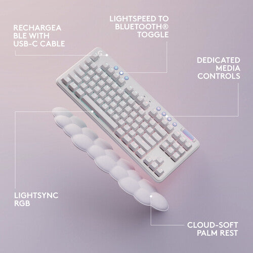 لوحة مفاتيح الألعاب الميكانيكية اللاسلكية Logitech G715 TKL - مفاتيح GX، LIGHTSPEED وبلوتوث، RGB، أغطية مفاتيح PBT، مسند راحة اليد - أبيض ضبابي