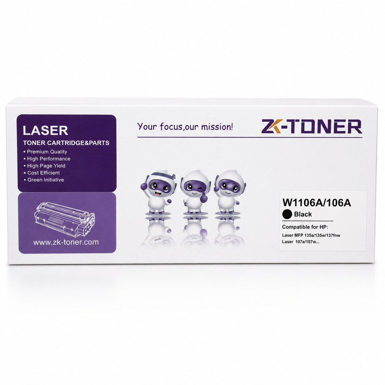 خرطوشة حبر أسود متوافقة تجارية ZK-TONER W1106A / 106A – خرطوشة حبر بديلة لطابعات HP Laser 107a، 107w، MFP 135a، 135w و137fnw