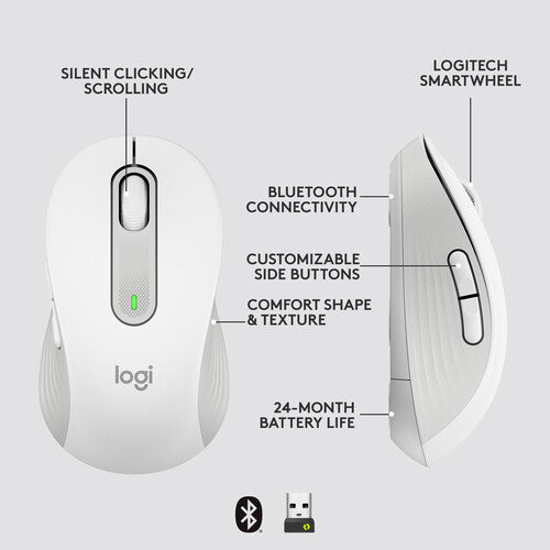 ماوس Logitech Signature M650 كبير لاسلكي + بلوتوث للأعمال (أبيض فاتح)